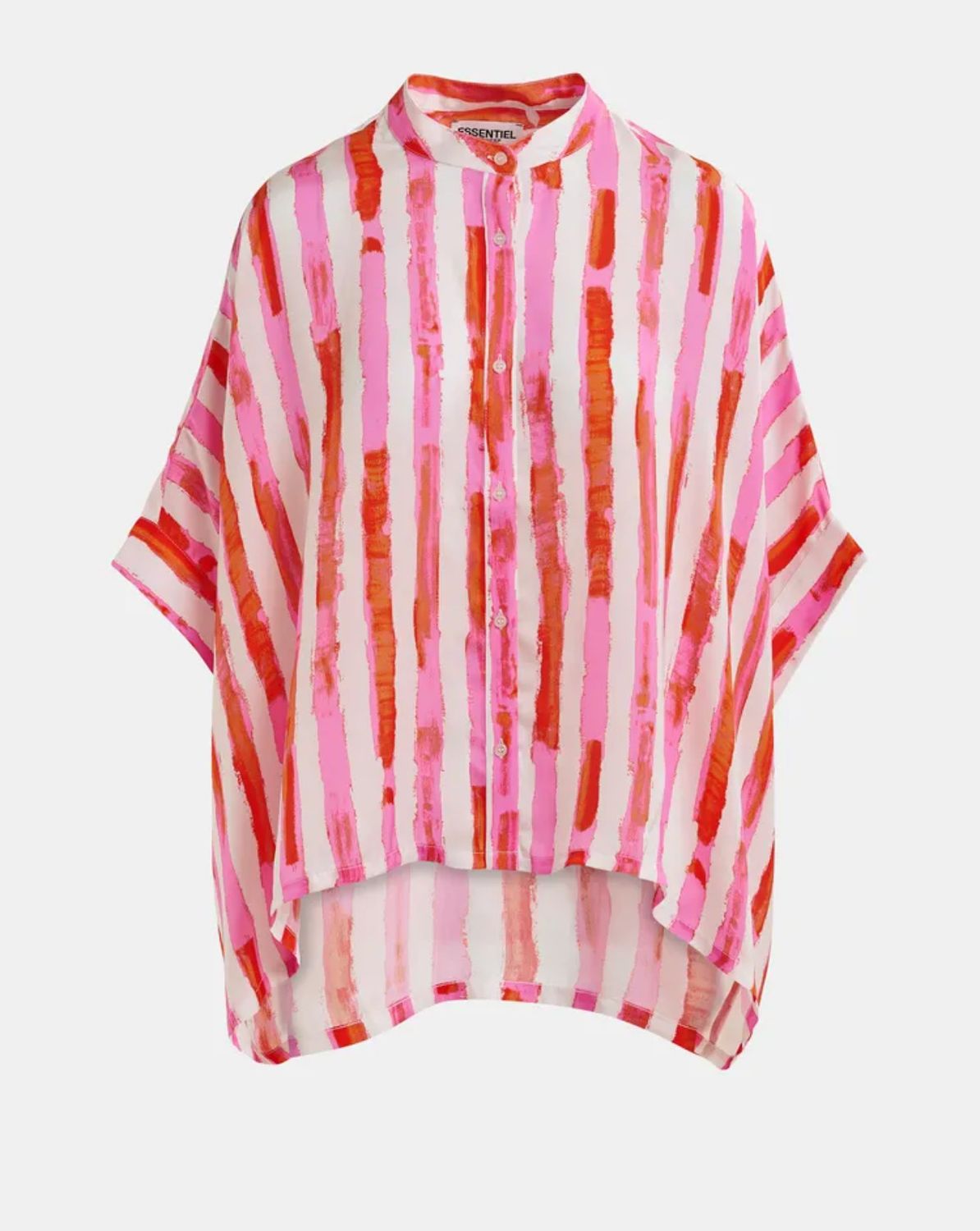 Chemise Essentiel à col mandarin et rayures blanc cassé, rose et rouge