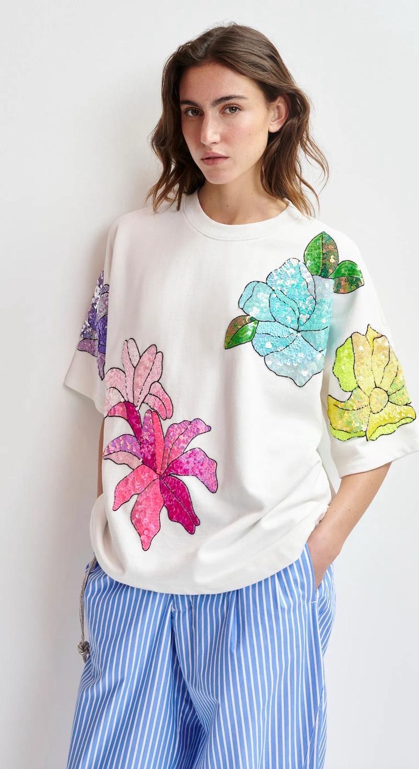 Sweat-shirt Essentiel en coton blanc à broderies multicolores