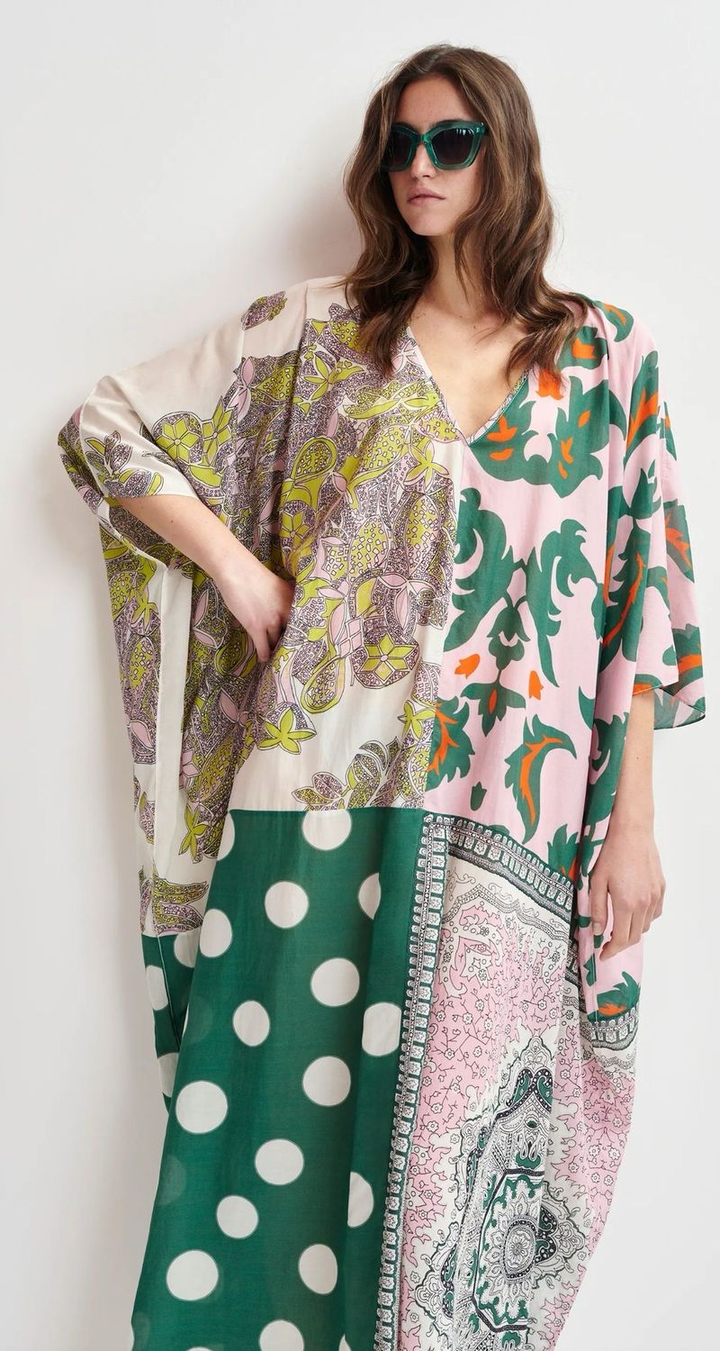Robe caftan Essentiel oversize a imprimé verte, rose et multicolores
