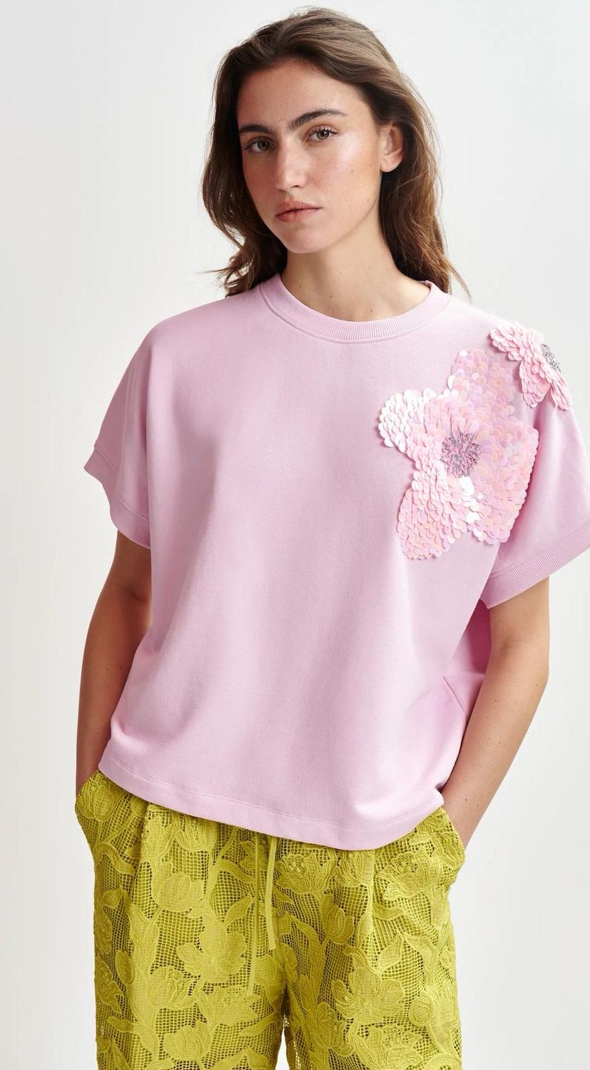 Sweatchirt Essentiel en coton rose clair à paillettes