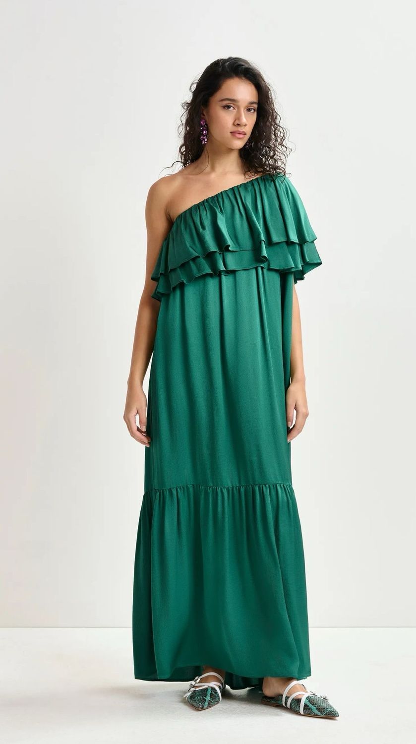 Robe longue Essentiel vert foncé à une épaule et volant