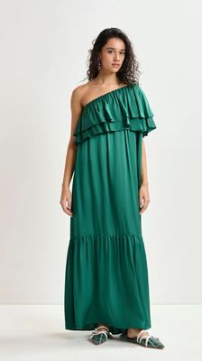 Robe longue Essentiel vert foncé à une épaule et volant
