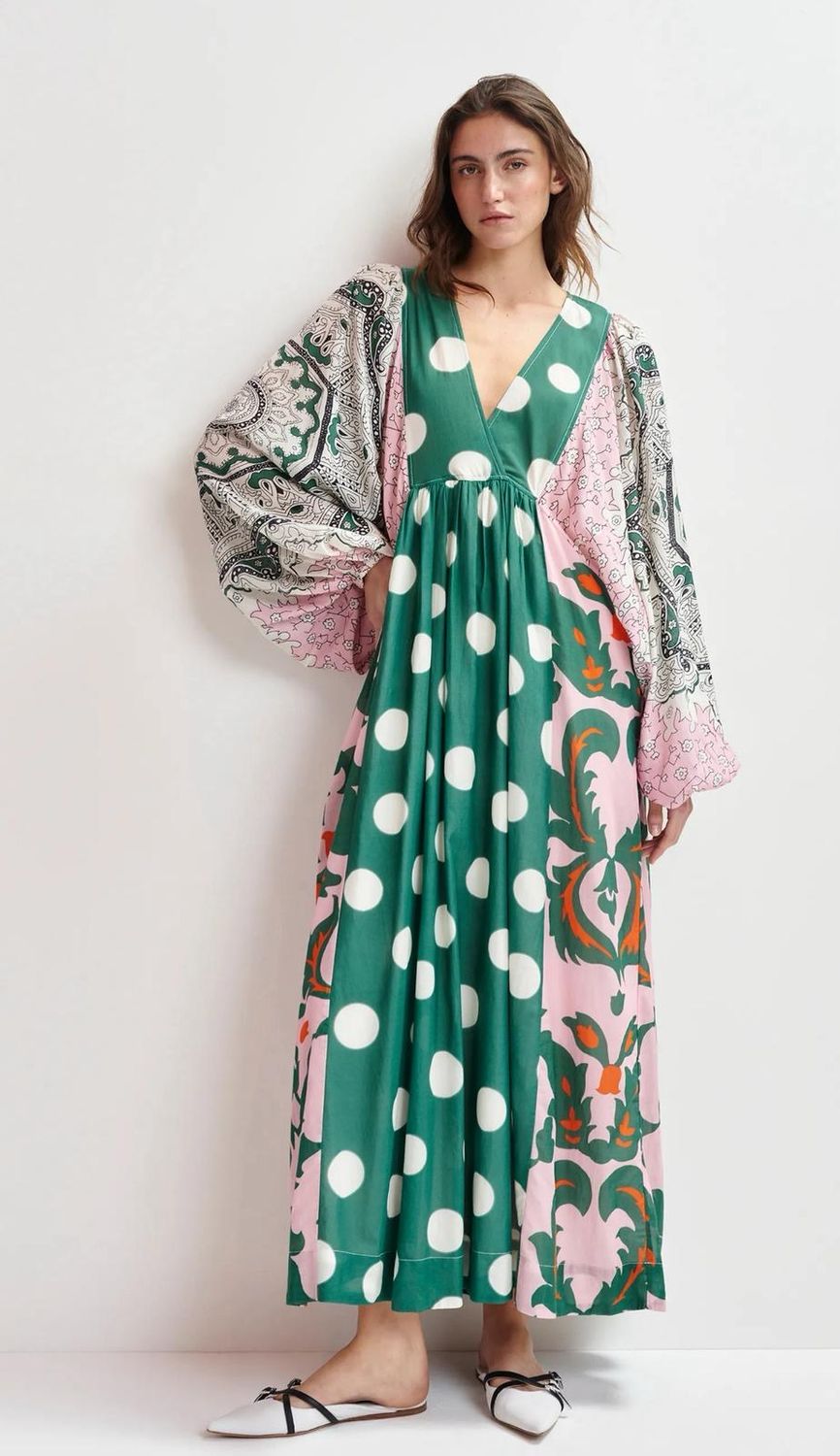 Robe longue Essentiel en coton mélangé à imprimé verte, rose et multicolore