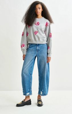 Sweatchirt en coton gris à broderies multicolores