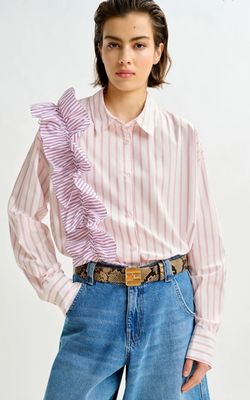 Chemise à rayures blanc cassé et rouge avec volant