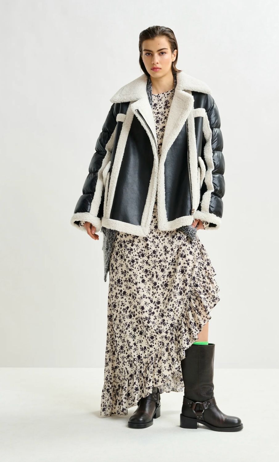 Veste façon doudoune noire et blanche avec imitation shearling