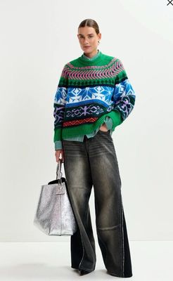 Pull en tricot jacquard mêlé vert et multicolore