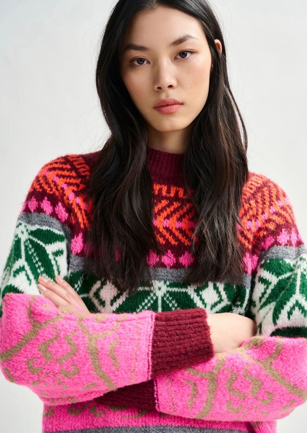 Pull en tricot jacquard mêlé bordeaux et multicolore ESSENTIEL ANTWERP