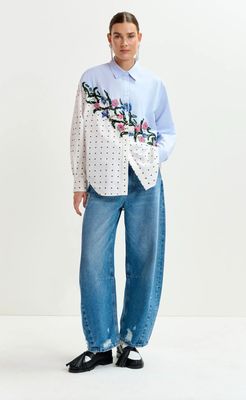 Chemise bleue, blanche et multicolore en coton avec fleurs en sequins et imprimé à pois contrasté ESSENTIEL ANTWERP