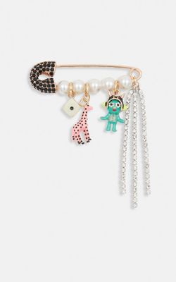 Broche épingle de sûreté à strass, perles et breloques dorée, blanc cassé et noire