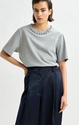 T-shirt en coton gris à perles argentées