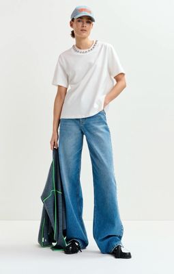 T-shirt en coton blanc cassé à perles argentées
