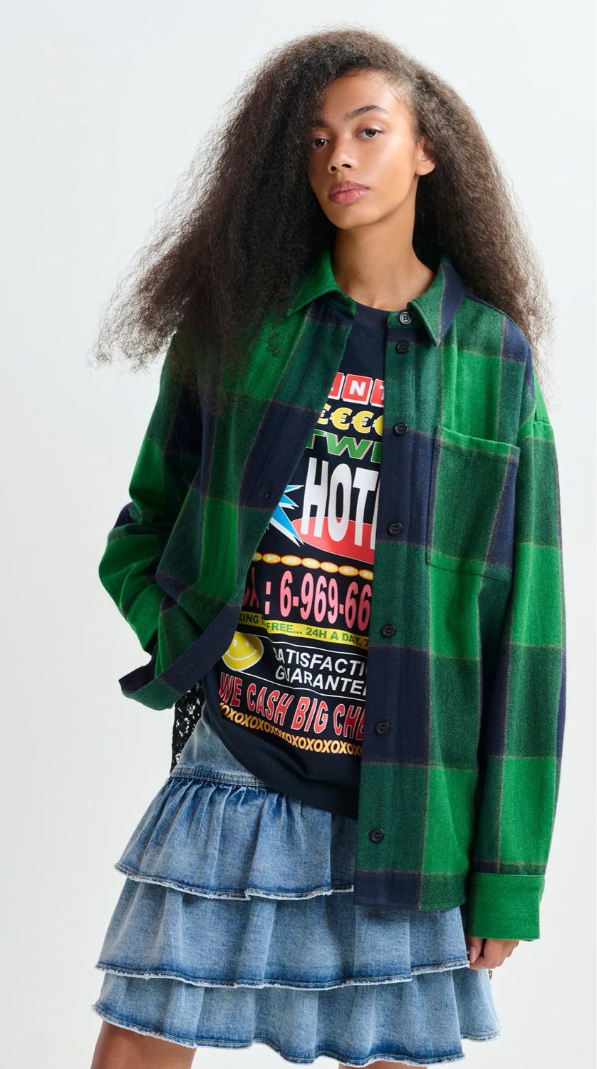 Chemise Essentiel à carreaux en flanelle verte et bleu marine avec dos en dentelle