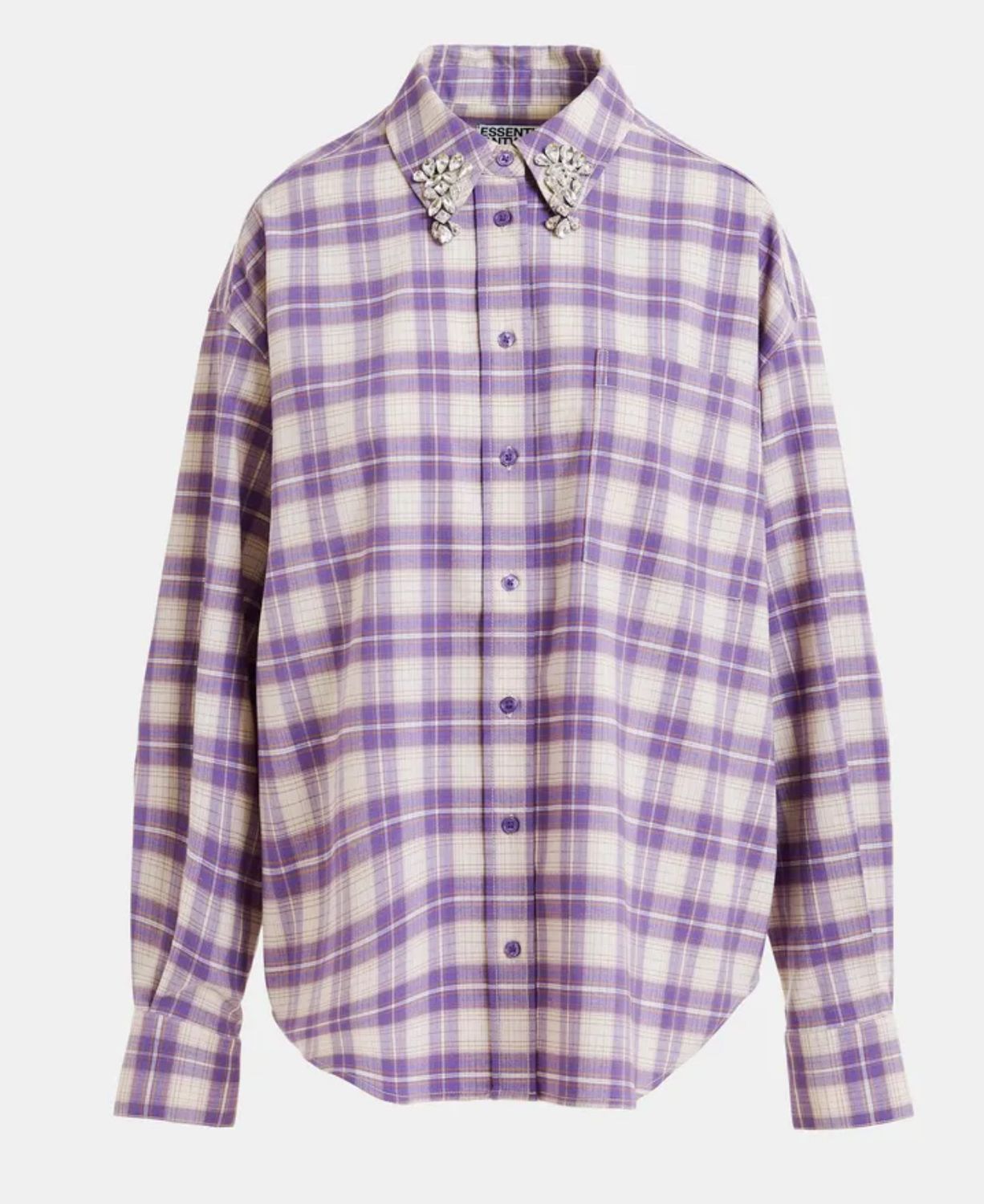 Chemise Essentiel en flanelle à carreaux violettes et beige avec col orné de strass