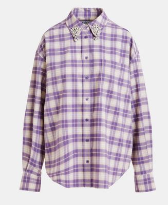 Chemise Essentiel en flanelle à carreaux violettes et beige avec col orné de strass