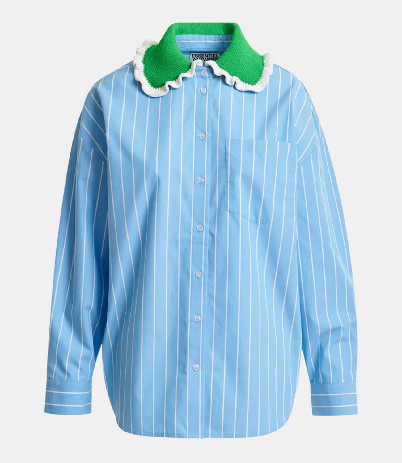 Chemise Essentiel à rayures bleu clair et blanc avec col en crochet vert