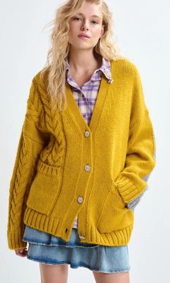 Cardigan Essentiel en laine mélangée ocre et grise au dos