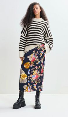 Jupe longue Essentiel bleu marine à doubles imprimés fleuris