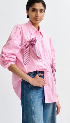 Chemise Essentiel en coton à rayures et noeuds rose, blanche et verte