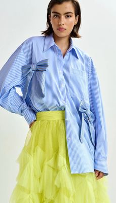 Chemise Essentiel en coton à rayures et noeuds bleue, blanche et noire