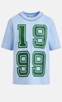 T-shirt Essentiel en coton bleu à imprimé numériques vert à encolure en strass