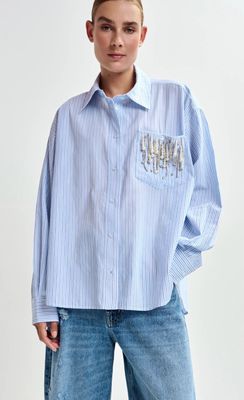 Chemise oversize Essentiel en bleue à rayures et ornements