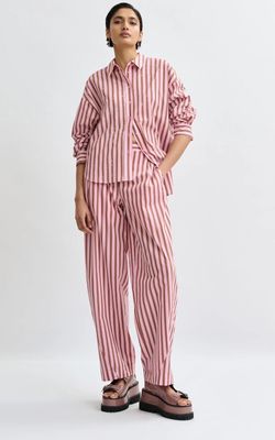 Chemise Essentiel en coton mélangé à rayures et strass brune et rose