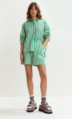 Chemise Essentiel en coton mélangé à rayures et strass verte et crème