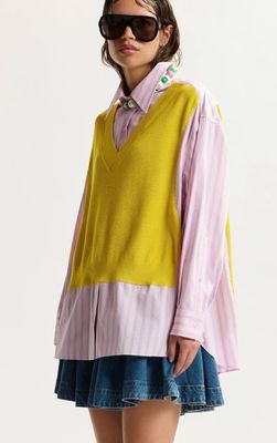 Chemise Essentiel oversize à empiècements en tricot jaune, rose clair et bleu clair