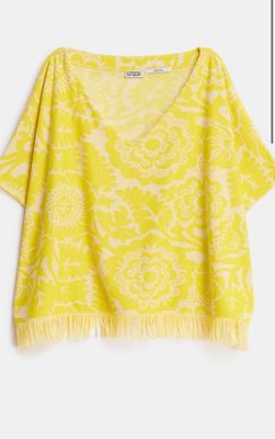 Top Essentiel en jacquard fleuri à frange jaune