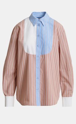 Chemise Essentiel oversize à rayures et empiècement contrasté camel, bleu clair et blanche