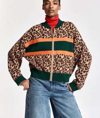 Cardigan zippé Essentiel marron et multicolore à empiècements color-block et imprimé léopard Cardigan zippé Essentiel marron et multicolore à empiècements color-block et imprimé léopard