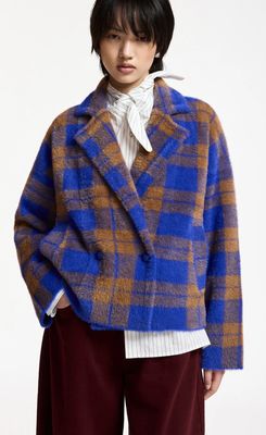 Cardigan croisée Essentiel à carreaux bleu et camel Cardigan croisée Essentiel à carreaux bleu et camel
