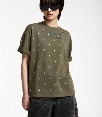 T-shirt Essentiel en coton kaki avec slogan noir