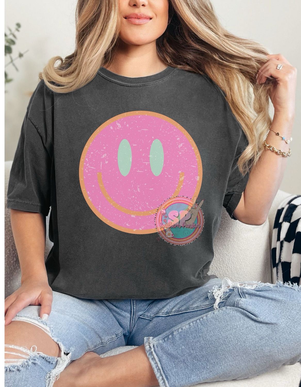 Pink Distress Smiley Shirt