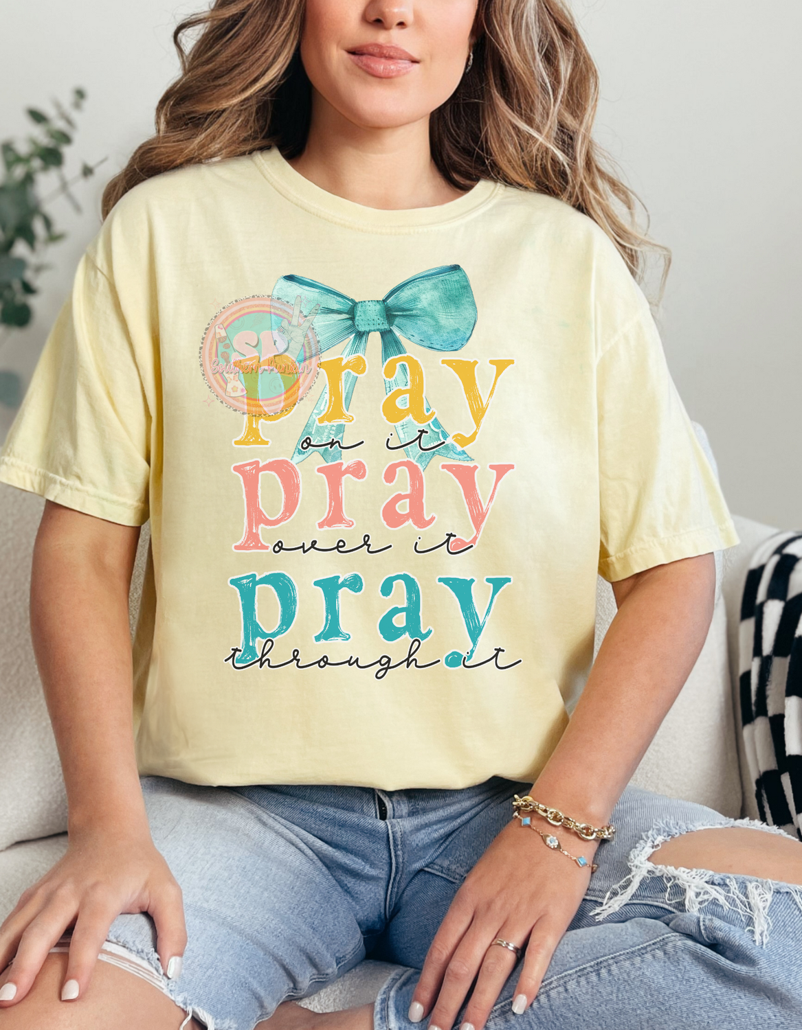 Pray Teal Bow Shirt