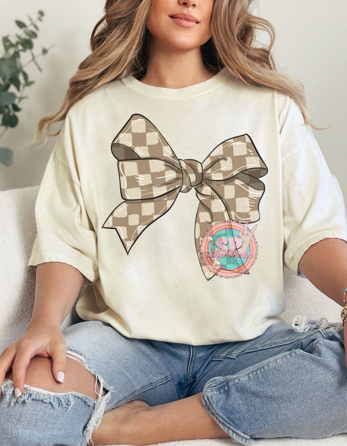 Neutral, Checkered Bow Shirt