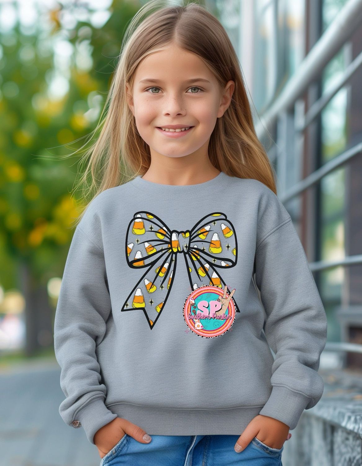 Youth Candy Corn Bow Crew Neck
