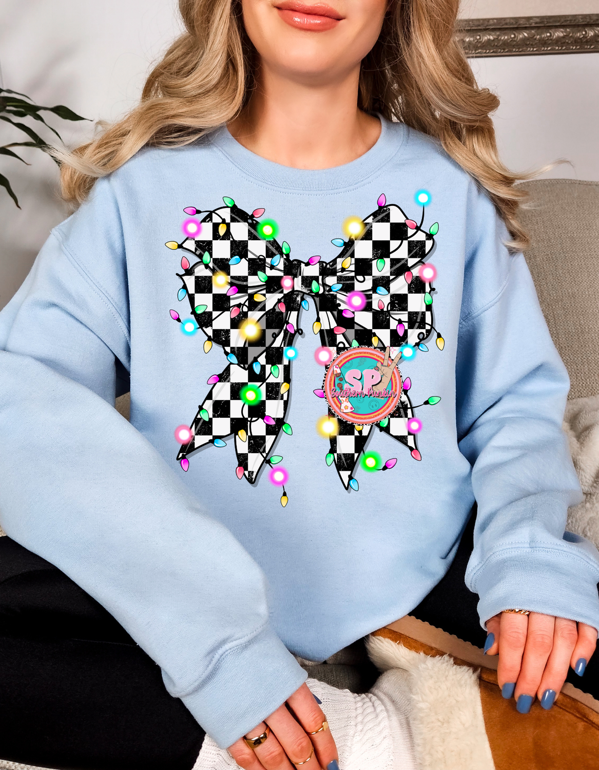 checkered bow with lights crewneck