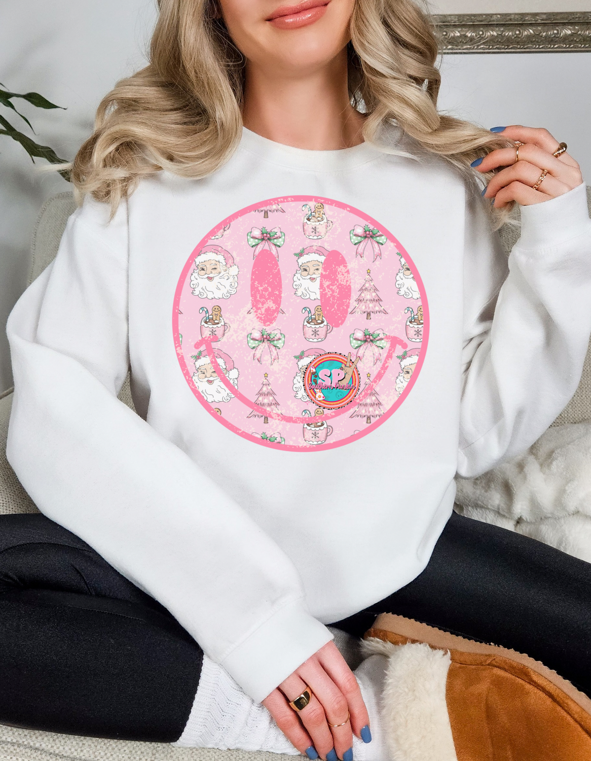 Pink Santa Smiley Crewneck