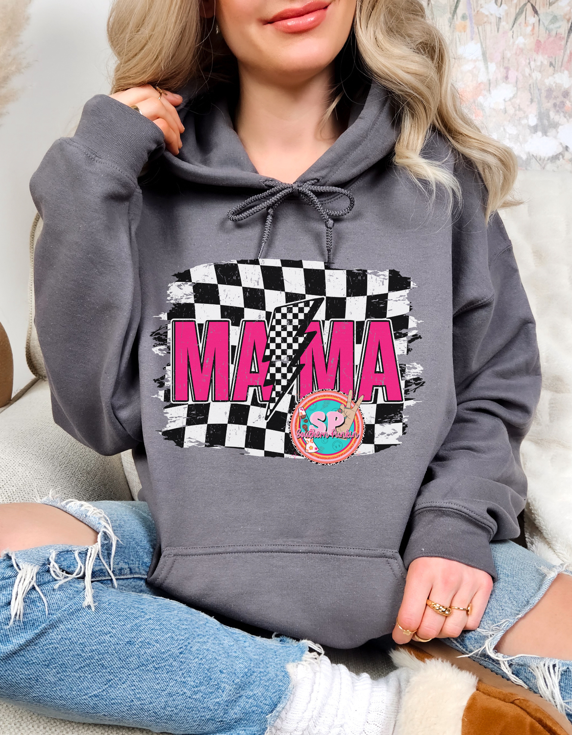 Mama Checkered Lightning Bolt Hoodie