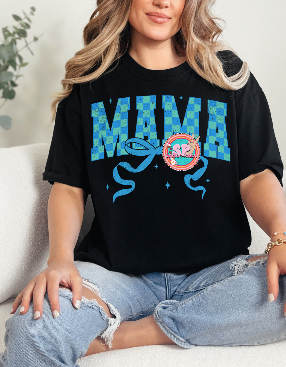 Mama Blue Bow Checkered Shirt