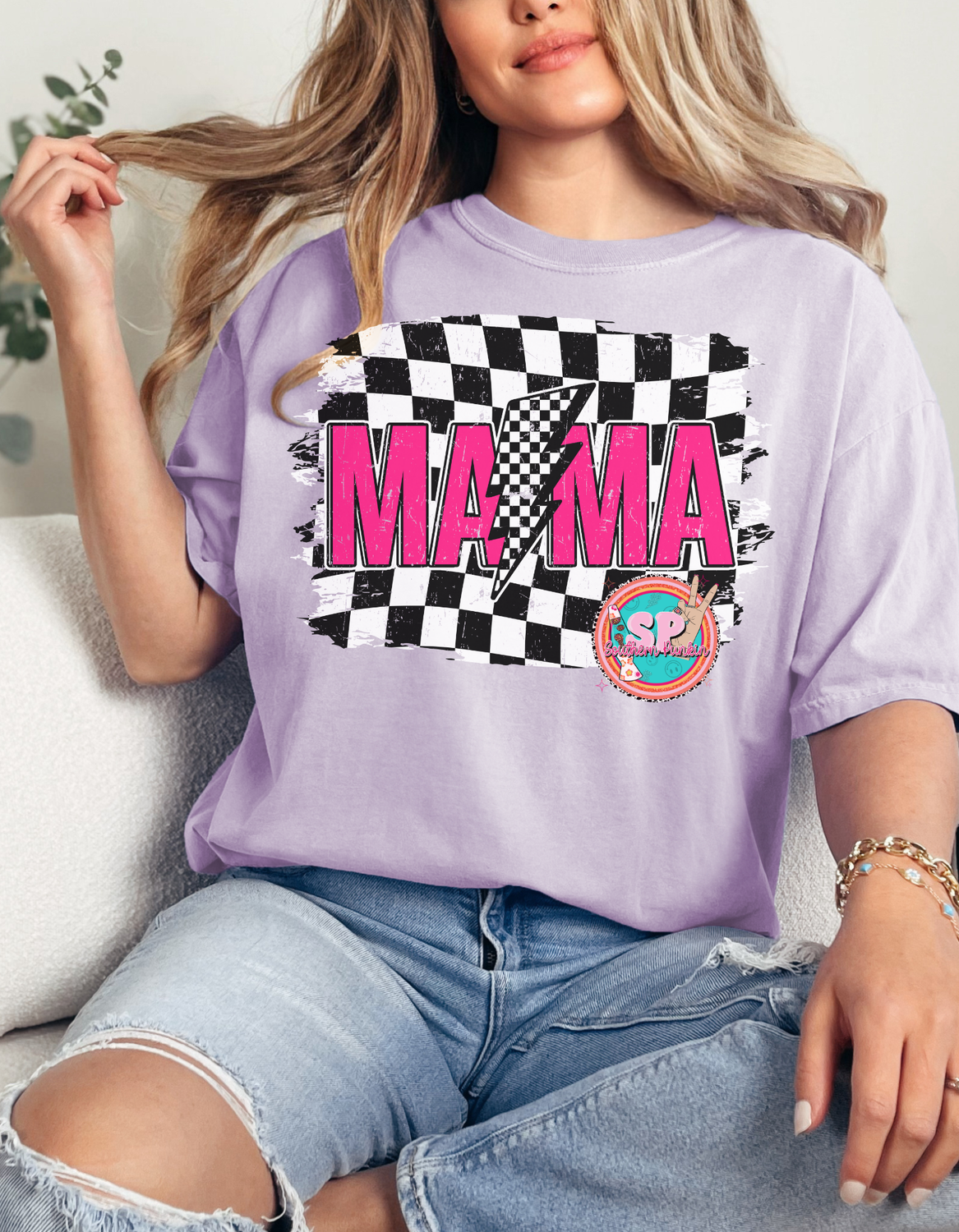 Mama Checkered Lighting Bolt Shirt