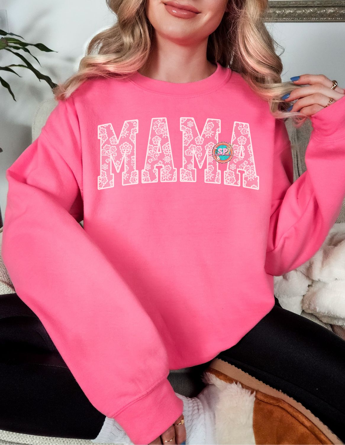 Mama White Lace Crewneck
