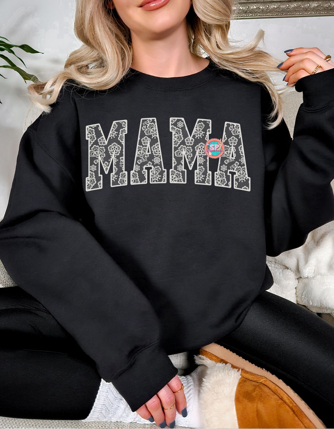 Mama White Lace Black Crew
