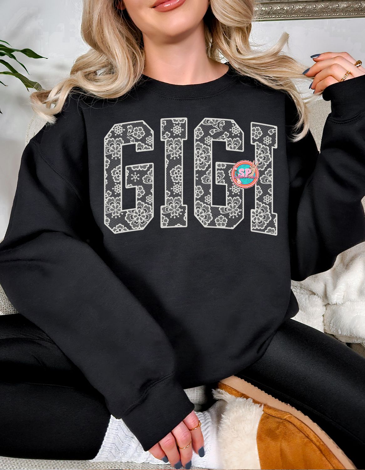 Gigi White Lace Black Crew