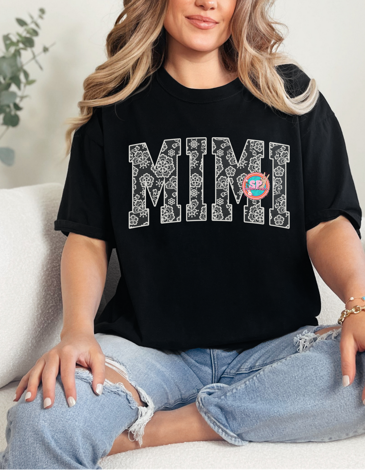 Mimi White Lace Black Crew