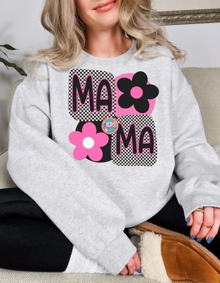 Mama Retro Flower Checkered Crew