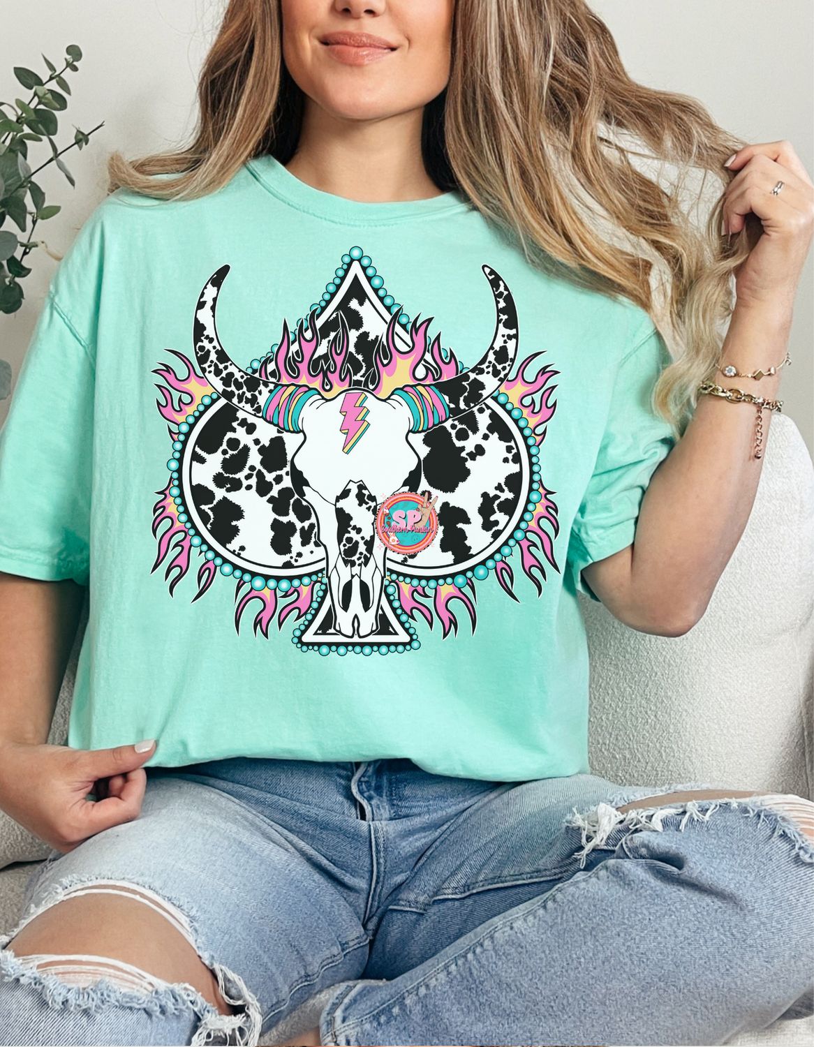 Teal And Pink Bull Fringe Shirt