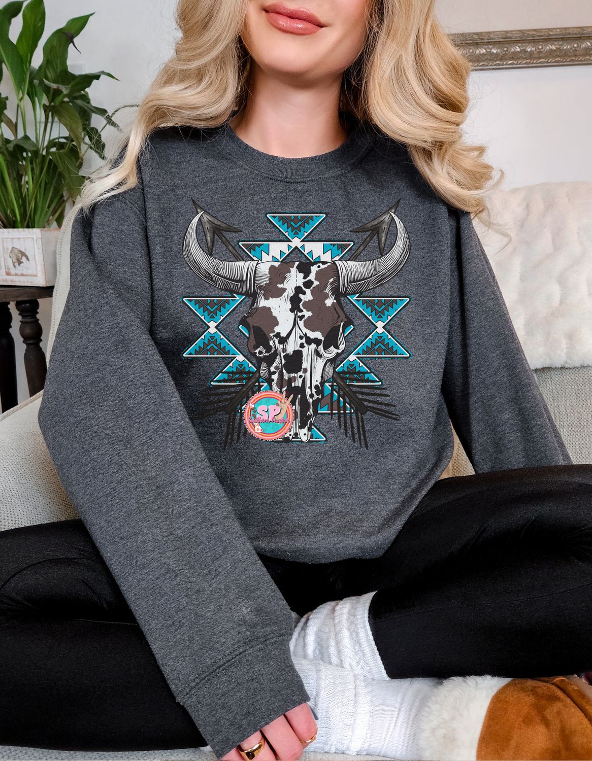 Cowhide Arrow Bull Skull Crewneck
